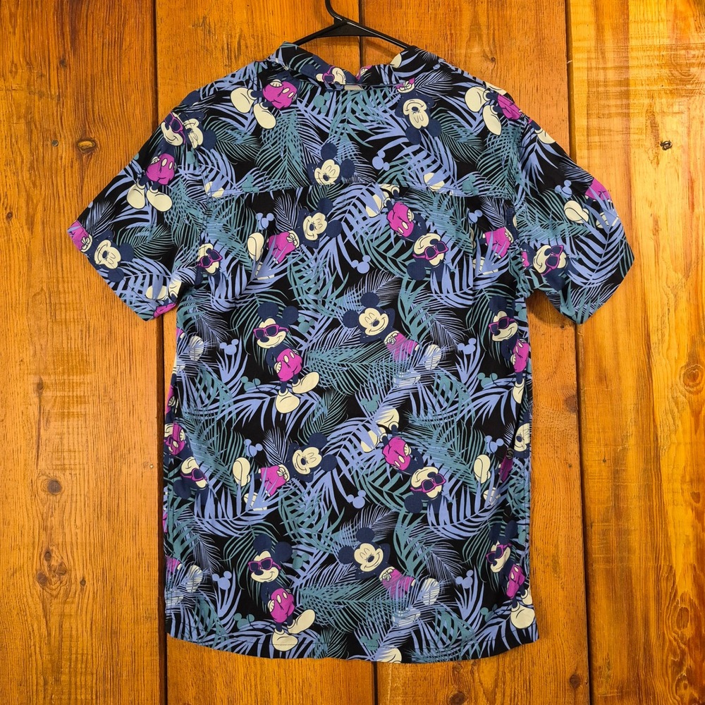 Disney Mickey Mouse Tropical Palm Button Down Shirt Size Small Black Blue Rayon - Picture 6 of 8